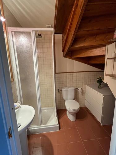 une salle de bain avec toilettes, douche et lavabo dans l'établissement Casa de María Cerdanya, à Bourg-Madame