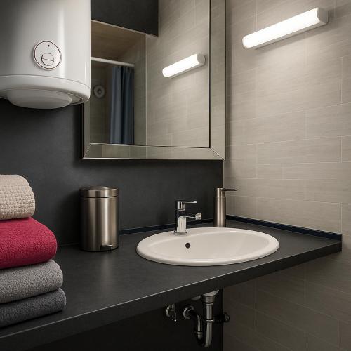 une salle de bain avec un lavabo et un miroir dans l'établissement INSOLITE STUDIO -La Tour des Templiers-, à Montfrin