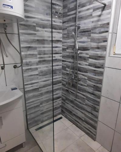 a shower with a glass door in a bathroom at Kuća za odmor Noah in Bihać