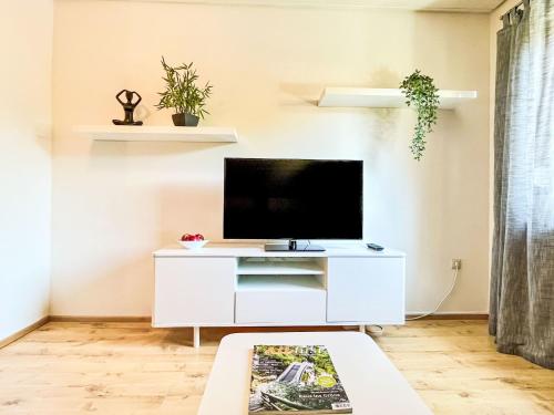a living room with a tv and a white cabinet at Apartment Land in Sicht by Interhome in Rulfingen