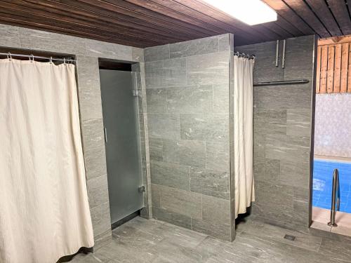 a bathroom with a shower and a shower curtain at Apartment Apt A 086 by Interhome in Disentis