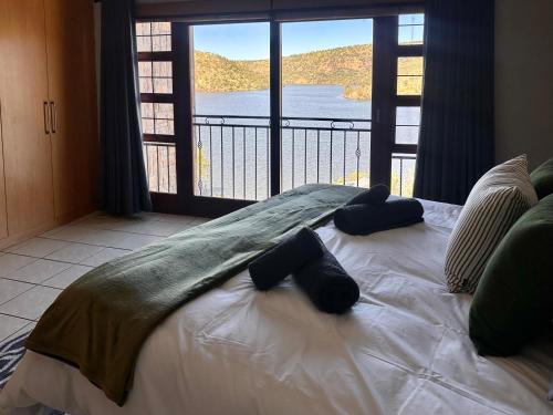 a bed with two pillows on it with a large window at Fish Eagle Manor in Warmbaths