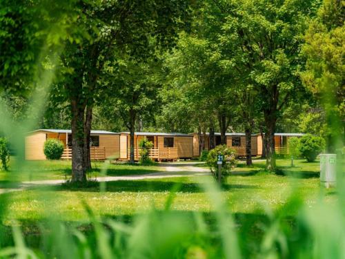 a row of mobile homes in a park with trees at Holiday Home Draucamping by Interhome in Sachsenburg