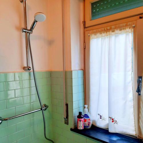 a shower in a bathroom with a window at Casa Maioli - Your Mountain Holiday in Casargo