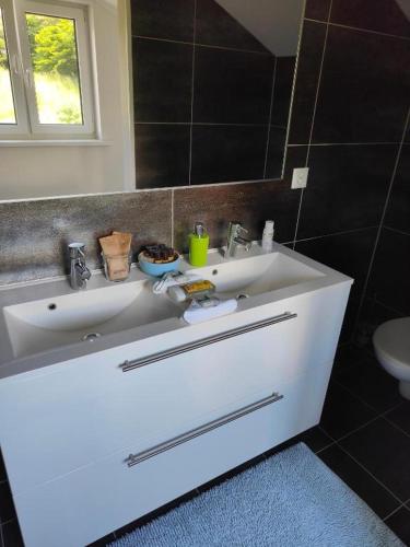 a bathroom with a white sink and a mirror at Chambre Zen Et Calme in Bouveret