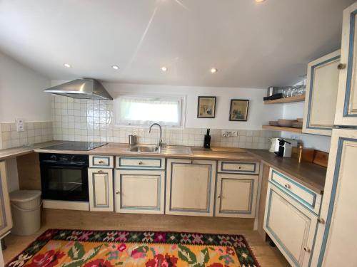 une cuisine avec un évier et une cuisinière dans l'établissement Maison Agatha, à La Garde-Freinet