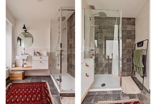 two images of a bathroom with a shower and a sink at Huis ALNA 8 in Mechelen