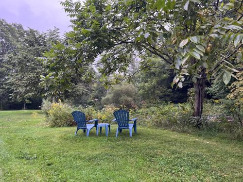 two blue chairs and a table in the grass at Godspeed Events and Lodging in Port Matilda