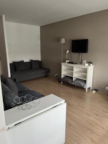 un salon avec un canapé et une télévision à écran plat dans l'établissement Le 26 Deauville, à Deauville