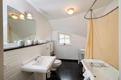 a bathroom with a sink and a toilet and a tub at Landhaus Trent Haushälfte Breetz in Trent