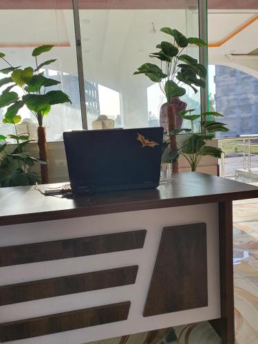 a laptop computer sitting on a table with plants at Pova Hotel Suits and Apartments in Rawalpindi