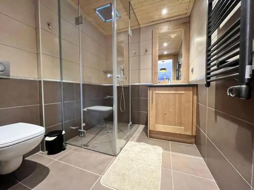 une salle de bain avec toilettes et douche en verre dans l'établissement Superbe Duplex au Pied du Grand Massif, 3 Chambres, WiFi, Parking - FR-1-624-136, à Samoëns