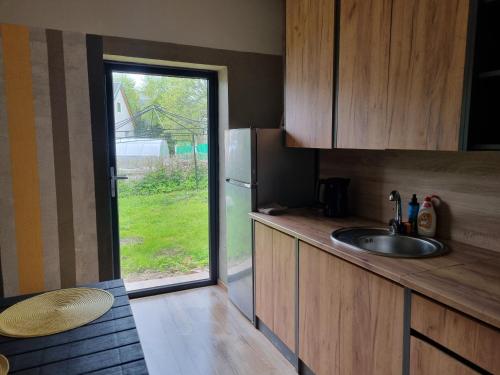 a kitchen with a sink and a door to a yard at Nakvynė Akmenėje -Pušyno pašonėje- in Akmenė