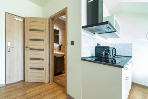 a small kitchen with a stove and a sink at Restaurace Hotel Praha in Nižbor
