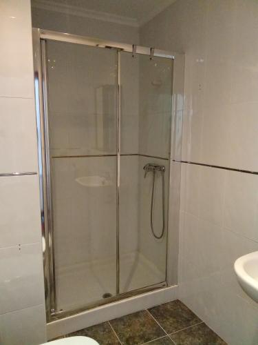 a shower with a glass door in a bathroom at FUENTETRIGO III Medina de Pomar in Medina de Pomar