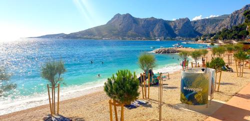 a beach with palm trees and people in the water at Apartments Mihael in Celina