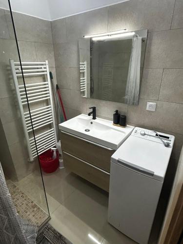 une salle de bain avec un lavabo et un miroir dans l'établissement Sea Front View - FRONT DE MER ET VUE PANORAMIQUE, à Nice