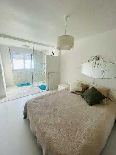 une chambre avec un grand lit dans une pièce blanche dans l'établissement Warm house close to all amenities, à Tarnos