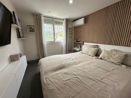 a bedroom with a large bed and a television at Villa Tropiraizet in Les Abymes