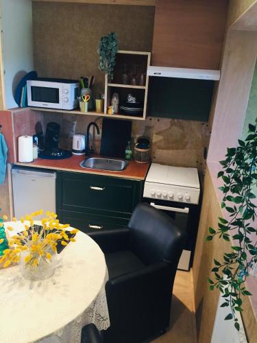 a small kitchen with a table and a kitchen with a stove at Studio 'Gloire de Versailles' in Érezée