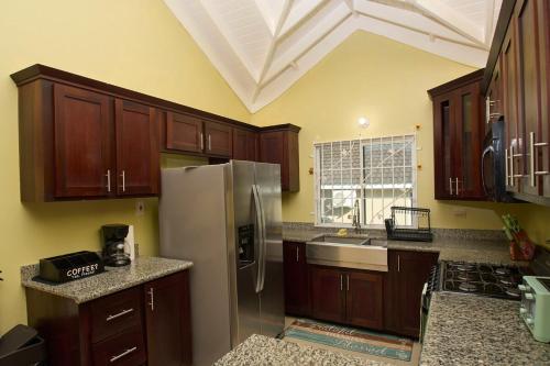 a kitchen with wooden cabinets and a stainless steel refrigerator at Dejean serenity in Ocho Rios