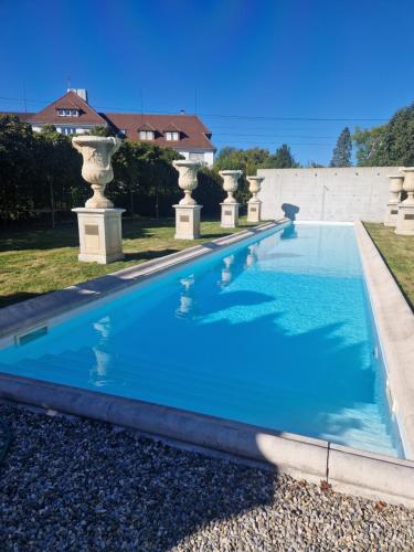 a large swimming pool with blue water in a yard at Villa Philipp Plein - Designervilla mit Pool in Amriswil