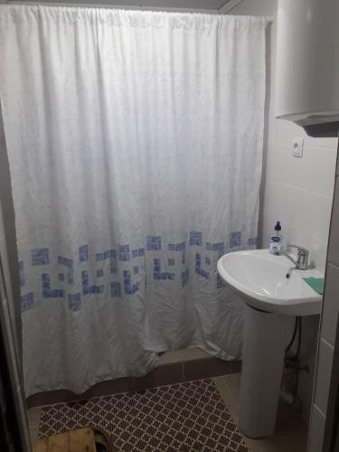 a bathroom with a shower curtain and a sink at KYZYL-TASH Agrofarm in Egilik