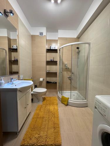 a bathroom with a shower and a toilet and a sink at Apartament modern in Arad AFI Mall & Gara & Centru & Granița Ungaria in Arad