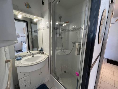 une salle de bain avec une douche, un lavabo et un miroir dans l'établissement Apt 2 pièces CAP D'AGDE NATURISME CN080-104, au Cap d'Agde