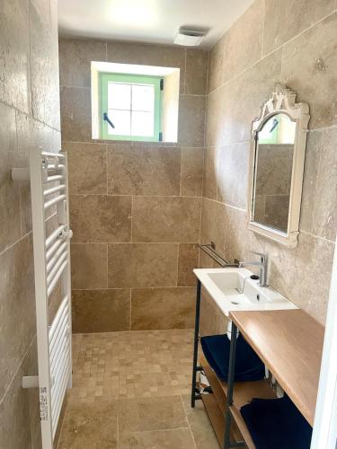 une salle de bain avec un lavabo et un miroir dans l'établissement Le Poulailler du Perche Gîte, à Marchainville
