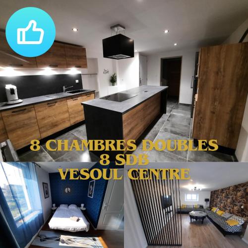 une cuisine avec un évier et un salon dans l'établissement La Halte Vesulienne, à Vesoul