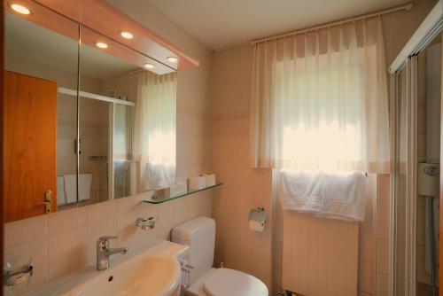 a bathroom with a sink and a toilet and a mirror at Chalet Miravalle 2 in Wengen