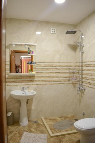 a bathroom with a sink and a toilet and a mirror at NIDA Apartment in Ulcinj