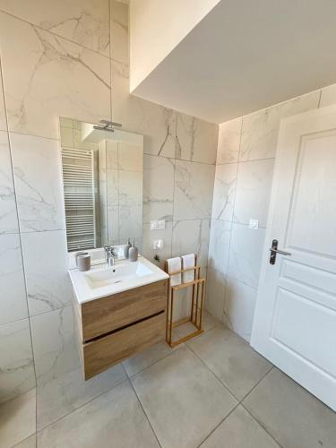 a bathroom with a sink and a mirror at Soh Rent Appartment 3 Schiltigheim TV Wifi in Schiltigheim