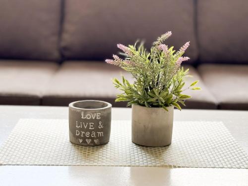 two cups sitting on a table with a plant at K&S Apartment Bistrik Stay in Sarajevo
