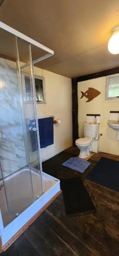 a bathroom with a shower and a toilet at Xai Xai Mozambique, Fish Eagle, Xai Xai Beach Front in Xai-Xai