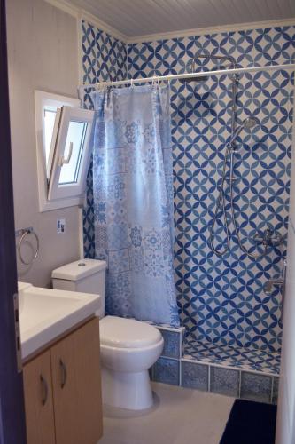 a bathroom with a toilet and a shower curtain at Aegean Bliss Residences - Karfas in Karfas