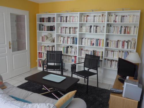 un salon avec une étagère remplie de livres dans l'établissement COOL, à Thonon-les-Bains