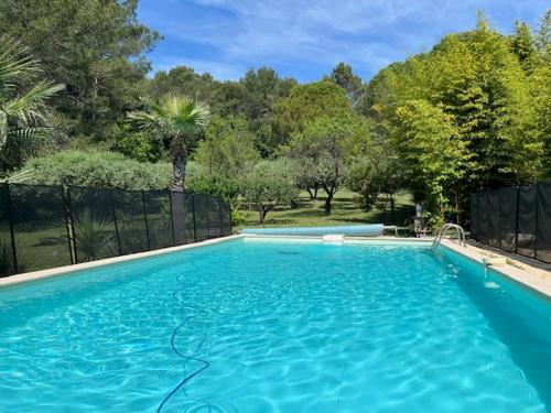 a large blue swimming pool with trees in the background at Le gîte du mas in Bagard