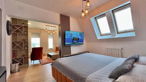 トゥズラにあるApartman MAAのベッドと壁にテレビが掛かった寝室