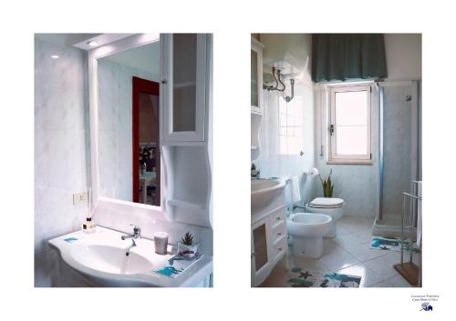 2 fotos de un baño con lavabo y aseo en Casa Mare e Ulivi, en Mattinata