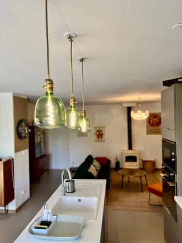 une cuisine avec un évier et un salon dans l'établissement villa dans un écrin de verdure, à Saint-Quentin-la-Poterie