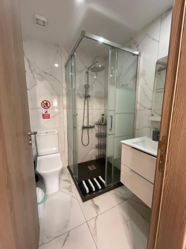 a bathroom with a glass shower and a toilet at Le Voyageur II in Larnaca