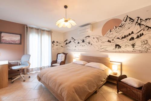 a bedroom with a bed with a mountain mural on the wall at Maison Zen dans les Pyrénées in Coarraze