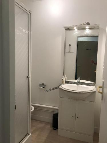 une salle de bain blanche avec un lavabo et une douche dans l'établissement ღ Le Désiré - Studio Proche Mer, Port et Centre, à La Rochelle