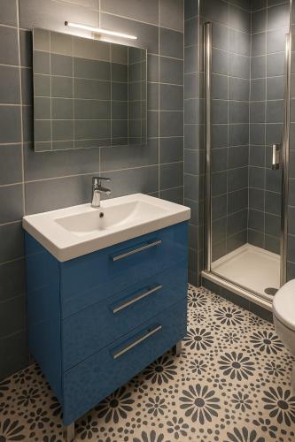 une salle de bain avec un lavabo bleu et une douche dans l'établissement Maison de village hyper centre, à LʼIsle-sur-la-Sorgue