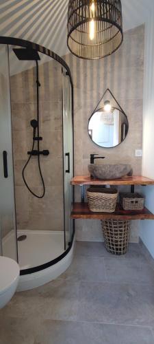 une salle de bain avec une douche, un lavabo et un miroir dans l'établissement Mazet spa privé, à Beaumont