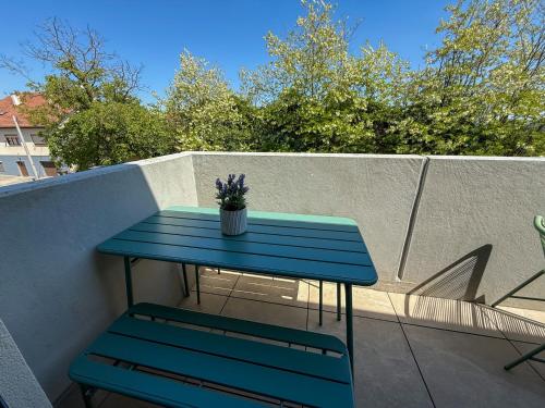a blue table with a potted plant on a balcony at Danube Hills in Krems an der Donau