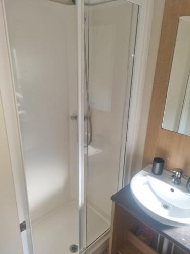 a bathroom with a shower and a sink at Trecco bay birch in Newton