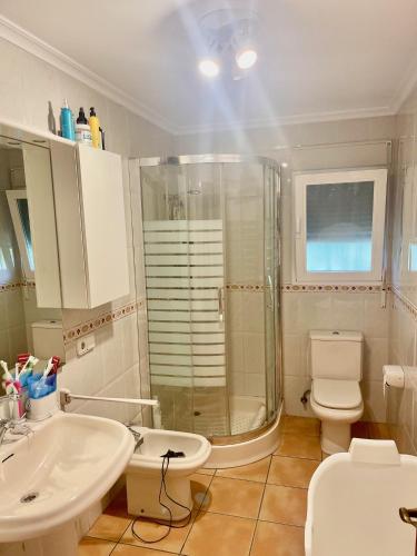 a bathroom with a shower and a toilet and a sink at Casa Claudia in Calpe
